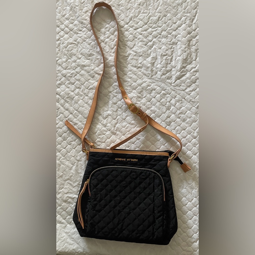 Adrienne Vittadini Crossbody Bag Black With Tan Straps